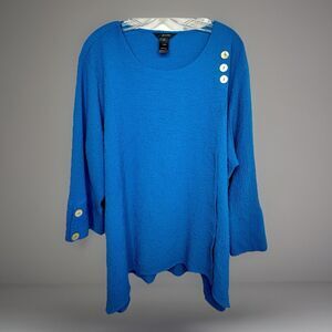 Ali Miles Textured Blouse Size 3X Blue Lagenlook Artsy Faux Wrap Tunic Shell
